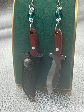 Handmade Witch B*tch Real Mini Long Knife and Blue/Green Glass Bead Earrings
